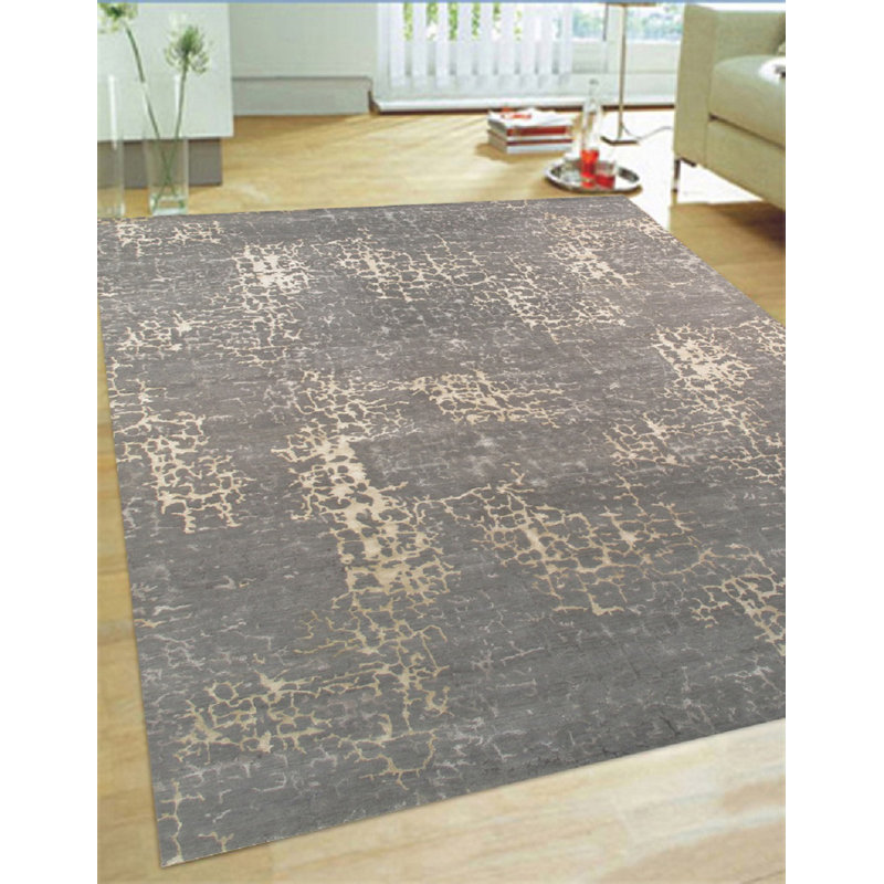 Hand Knotted Abstract Area Rug in Grey, Rectangle 2' x 3'