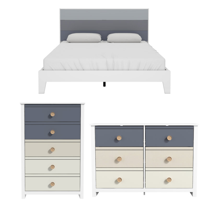 Ensemble de chambre à coucher 3 pièces Buzice, Grand lit, Brun / Beige / Vert