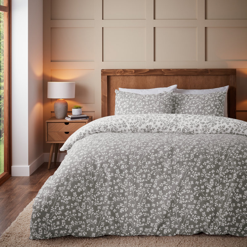 Brushed Grace Floral Leaf Cotton Reversible Duvet Cover Set, King Duvet Cover + 2 Standard Pillowcases, Grey