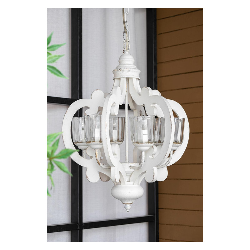 Lustre 6 lumières en bois aggloméré blanc antique sculpté avec abat-jour en verre transparent