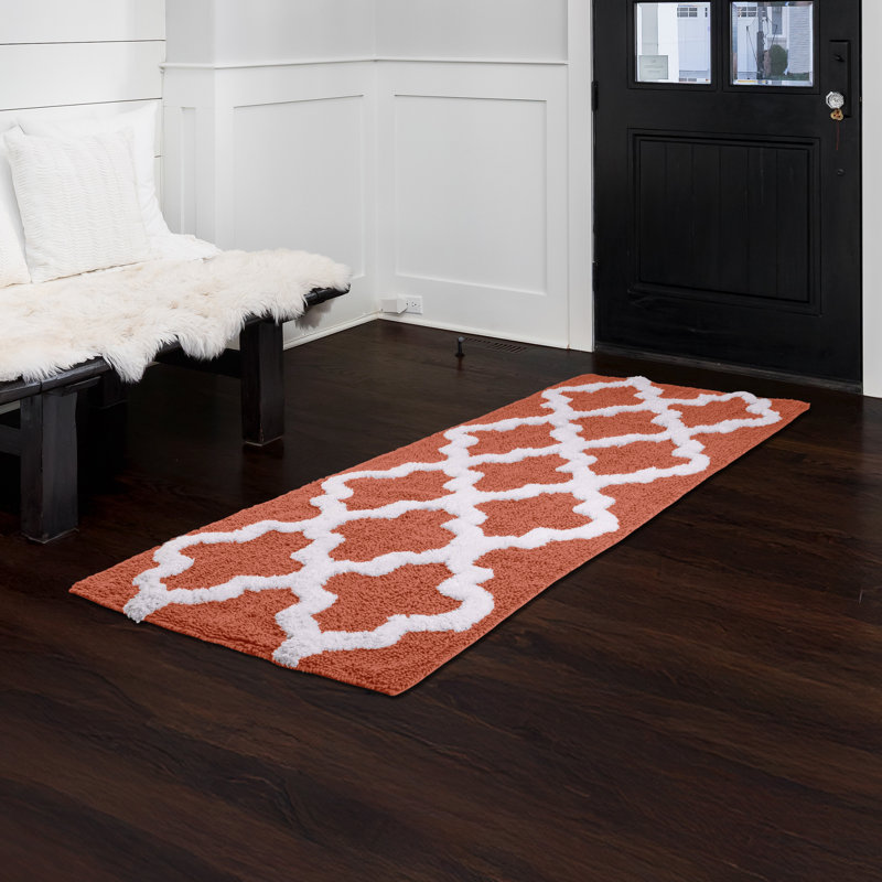 Freida 24x60-inch Cotton Bathroom Rug with Trellis Pattern and Non-Slip Base - Machine Washable, Brick