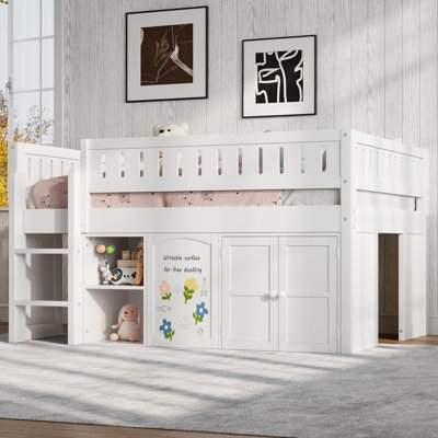 Full-Size Loft Bed with Storage Cabinet & Chalkboard Panel for Kids – Solid Wood, Space-Saving, white