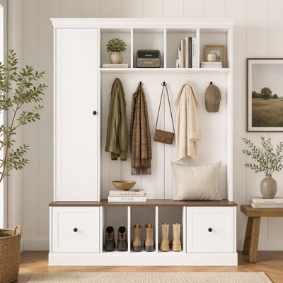 Porte-manteau de style champêtre avec banc de rangement pour chaussures, porte-manteau multifonctionnel avec crochets, armoire à étagères réglables et casiers ouverts, meuble de rangement autoportant pour entrée, couloir ou salon