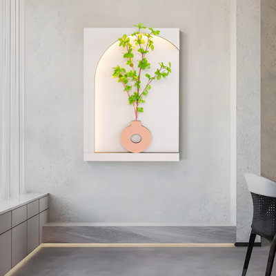 Décoration murale à DEL à intensité variable avec télécommande, applique murale en grès en forme d'arche avec plante verte artificielle, sculpture murale d'ambiance pour café, restaurant ou chambre. Idéal pour café, restaurant ou chambre.