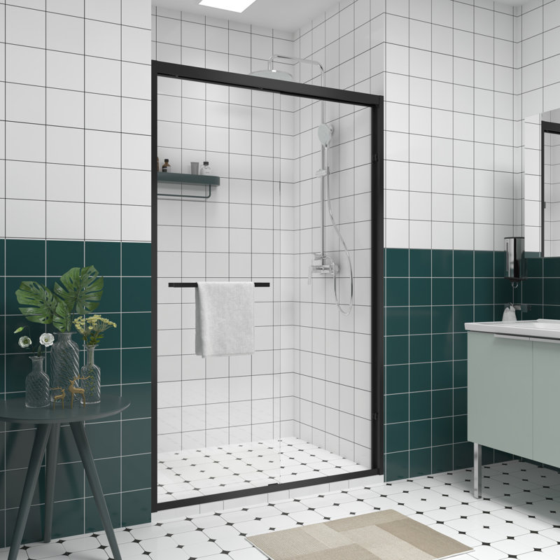 76" High Double Sliding Shower Door With Handle For Towel Hanging, Black Aluminum Frame, Easy Setup Instructions