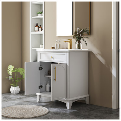 Ensemble de meuble-lavabo moderne 27,8 po avec base en bois massif et panneau de fibres à densité moyenne blanc