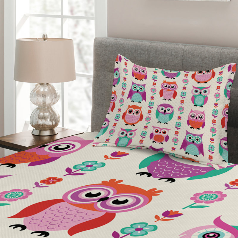 Colorful Owl Print Twin Polyester Bedspread Set