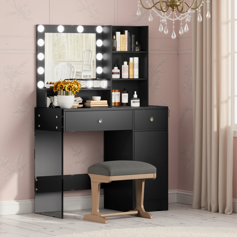 Table de coiffeuse avec pieds en verre, miroir éclairé à DEL, station de charge et tiroirs de rangement, Noir