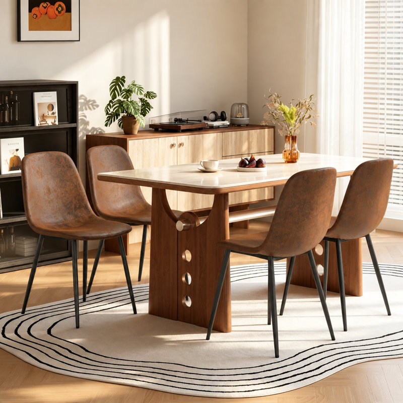 Mid-Century Modern Upholstered Dining Chairs with Sturdy Metal Legs (Set of 4), Black, 4, Brown Fabric