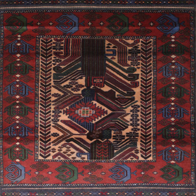Tapis oriental rouge et brun en laine et polyester tissé à la machine Quattro
