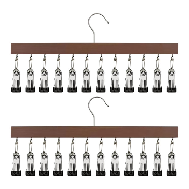 Ensemble de 2 cintres en bois avec cintres en bois et 12 pinces pour vêtements