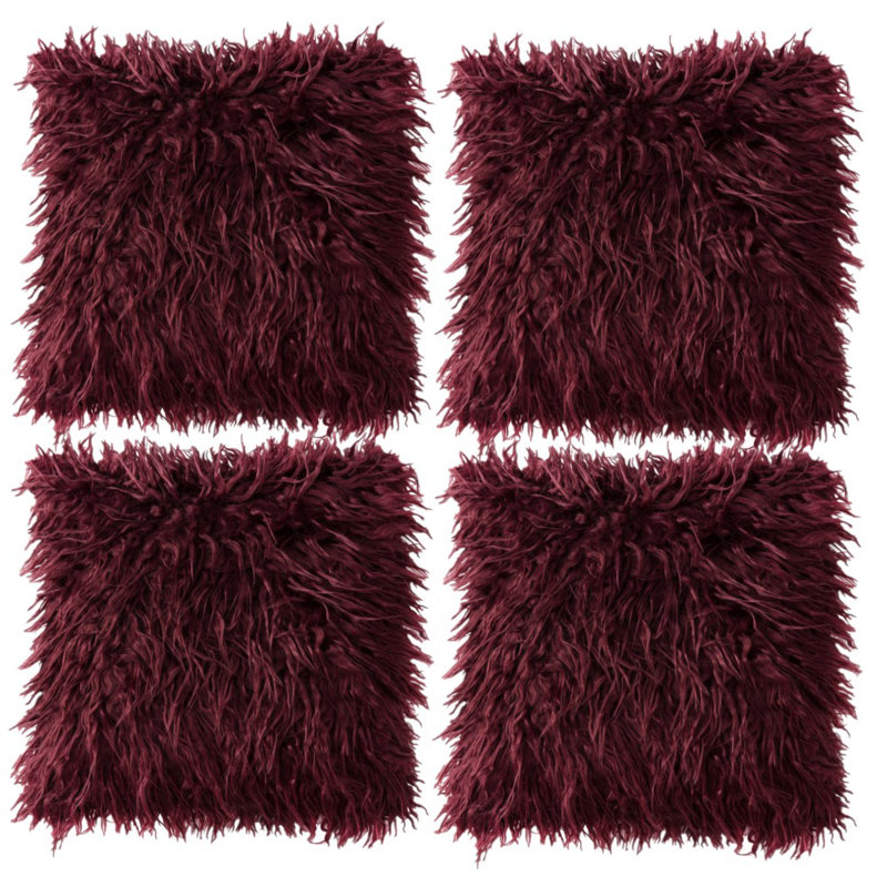 Housse de coussin carré en fausse fourrure avec insert, 18 po x 18 po, Rouge vin, Oui