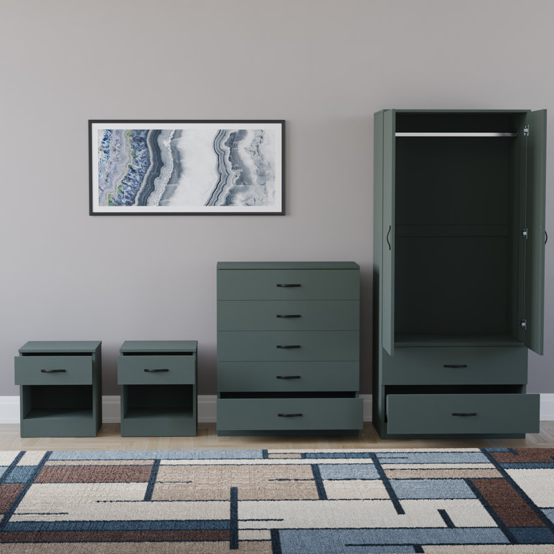 Tayce 4 Piece Bedroom Set (1 Drawer Bedside Chest X2, 5 Drawer Chest, 2 Door 2 Drawer Wardrobe), Green