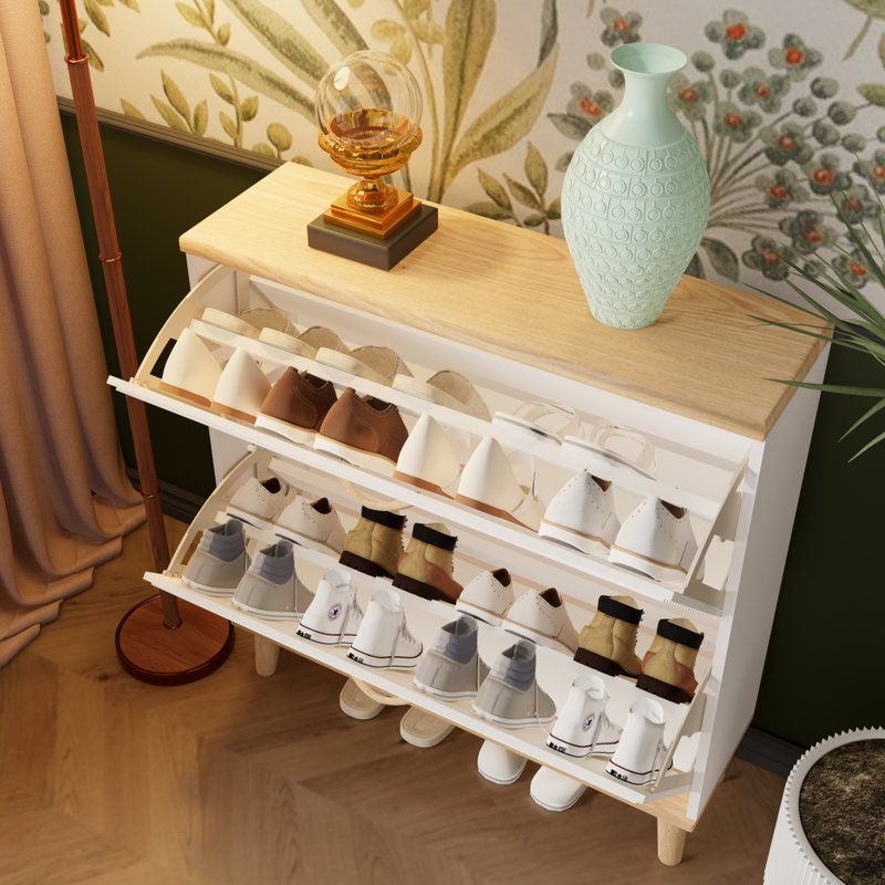 Shoes Storage Cabinet For Entryway,Narrow Shoe Rack Cabinet,Shoe Cabinet With 2 Flip Drawers,Freestanding Shoe Organizer With Natural Wood Legs,Slim Entryway Storage Organizer For 816 Pairs