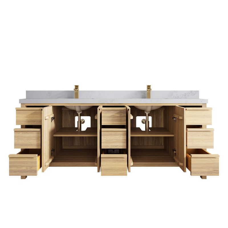 Elizabeth White Oak 84 In. W X 22 In. D Double Sink Bathroom Vanity With 2 In. Quartz, Calacatta Nuvo
