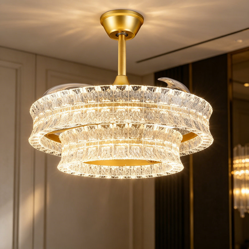 24" Gold French Romantic Ripple Wave‑Textured Double‑Layer Crystal Fandelier, Dimmable LED Ceiling Fan with Remote Control（Bulbs Included）