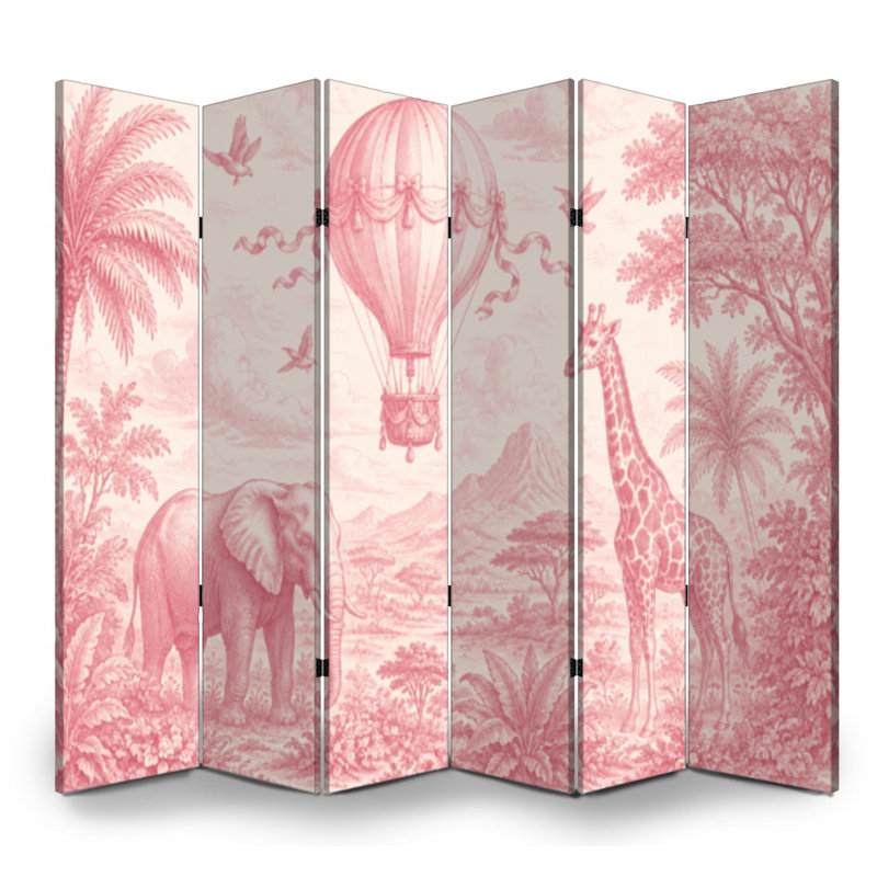 Paravent 6 panneaux à cloisons pliantes Royal Vintage Scène rose montgolfière Éléphant Toile Séparateur de pièce Paravent de protection autoportant Cloison d'intimité