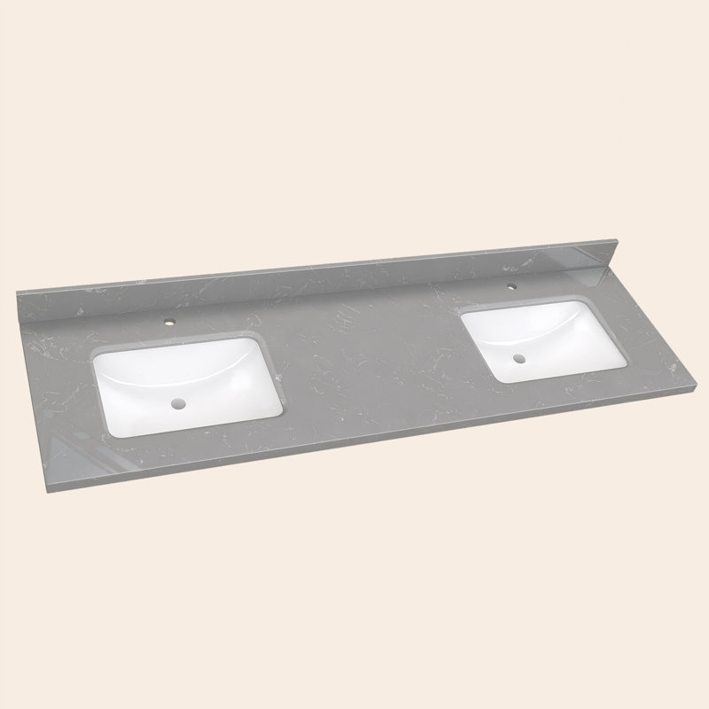 Comptoir de meuble-lavabo 72 po x 22 po en pierre reconstituée avec double évier intégré et faux dosseret pour salle de bain en marbre gris