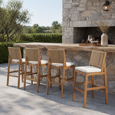 4 pièces Tabouret de bar d'extérieur naturel en bois d'acacia massif et osier tissé