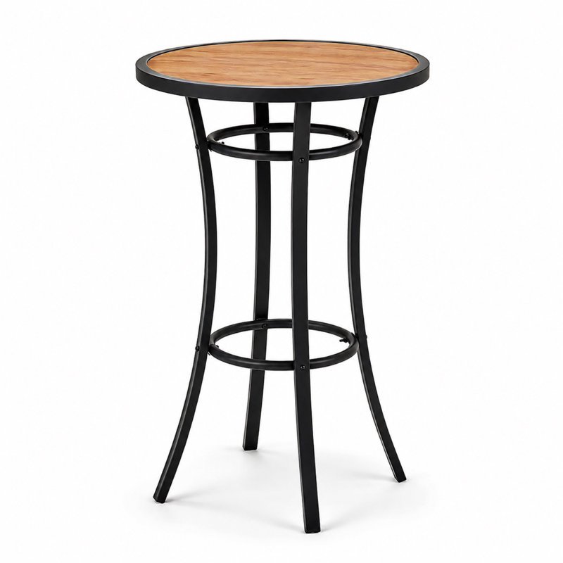 1-Piece 2-Person Round Bar Height Table, Powder-Coated Steel Frame with Brown Wood-Grain Top, Black & Brown 40-Inch Bistro Pub Table for Patio, Balcony, Home Bar & Breakfast Nook