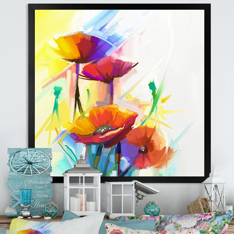 «Abstract Paintbrush Spring Flower Bouquet», reproduction de cadre photo sur toile, H 16 po x l 16 po x P 1 po, Cadre noir