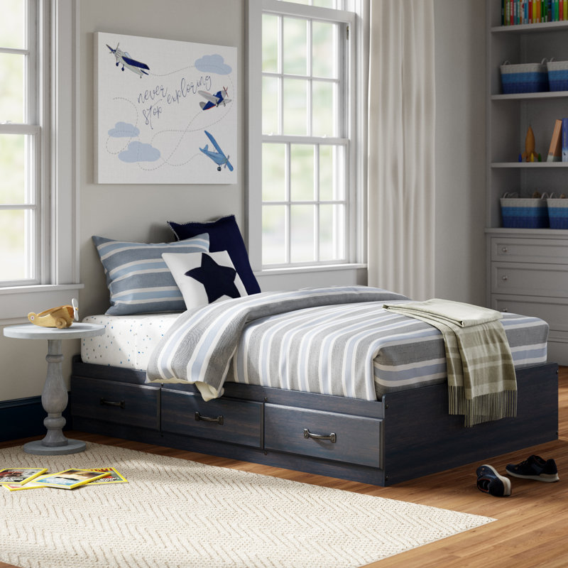 Lit standard en bois avec 3 tiroirs de rangement Jasi , Bleuet, Simple