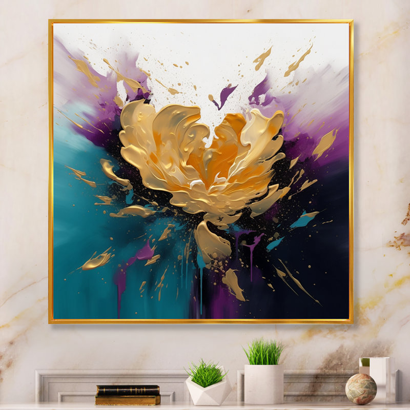 Émotion de pivoines jaunes et bleues sur toile, H 30 po x l 30 po x P 1 po, Cadre flottant doré