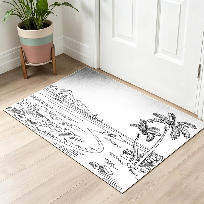 Tapis d'intérieur noir à motif de croquis de paysage noir lavable à la machine, Rectangle 32 po x 47 po