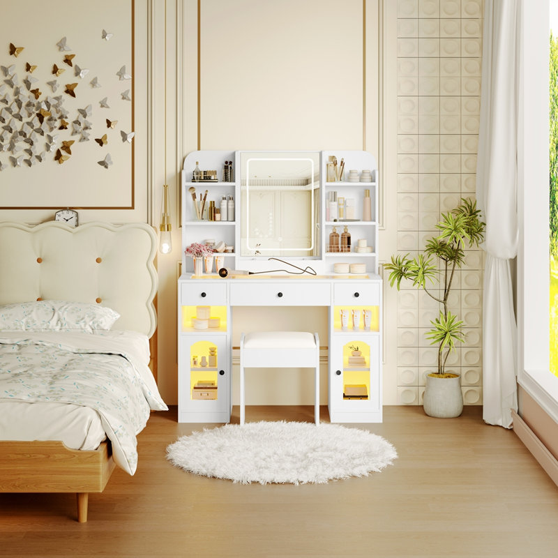 43.2" Vanity Desk with LED Mirror and Lights, White