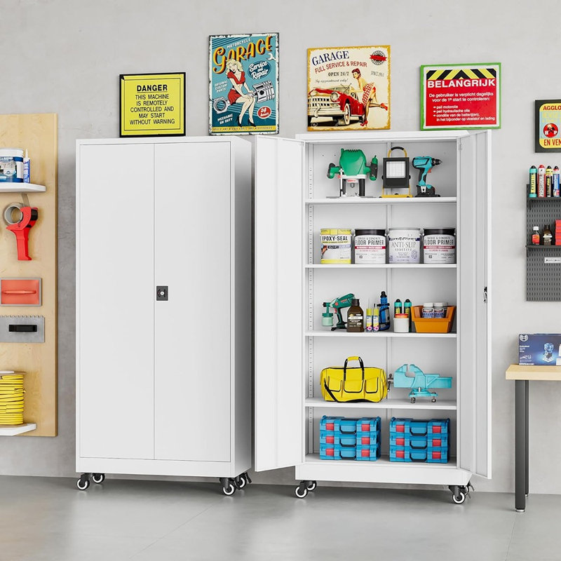 Grande armoire de rangement en métal avec roulettes - rangement de garage roulant avec serrure, tablettes en métal blanc, armoire à outils mobile pour le garage, la maison, le bureau ou le magasin