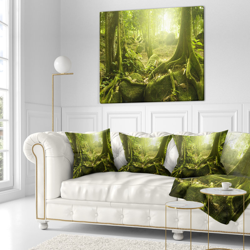 Coussin vert forêt avec soleil, Rectangulaire, 12 po x 20 po
