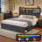 Farmhouse King Size Bed Frame With Charging Station And LED Light, Wooden Storage Bed With 52" Tall Storage Bookcase Headboard & 4 Drawers-1561011343-1376469295