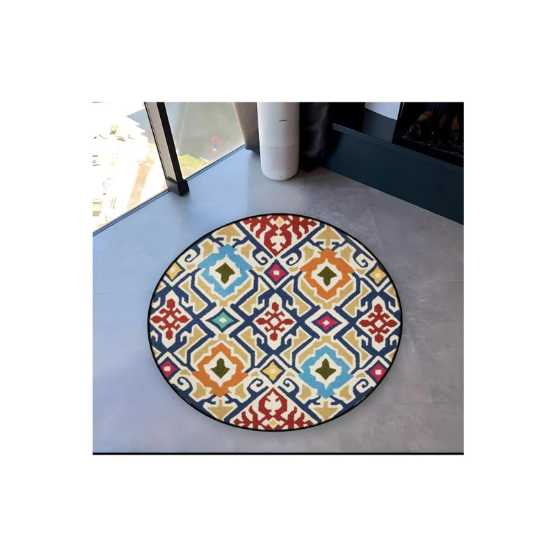 Multicolored Ethnic Shapes Woven Base Modern Decorative Carpet, Round 5'
