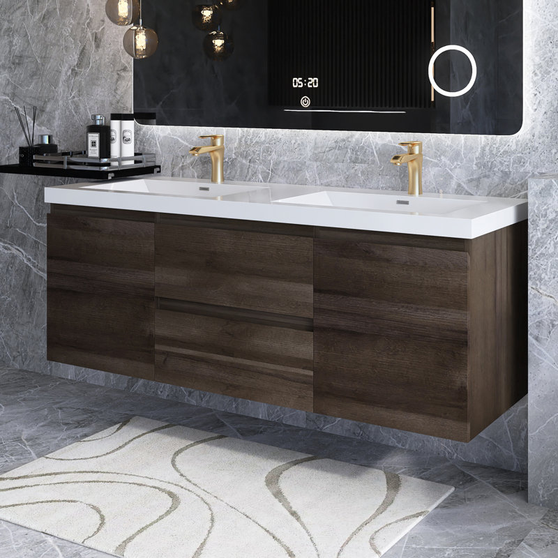 Meuble-lavabo mural double 60 po avec plateau en marbre Adaleen