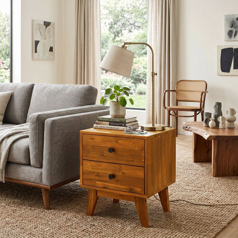 Table de chevet en bois massif à 2 tiroirs Acacia Silvia, Caramel