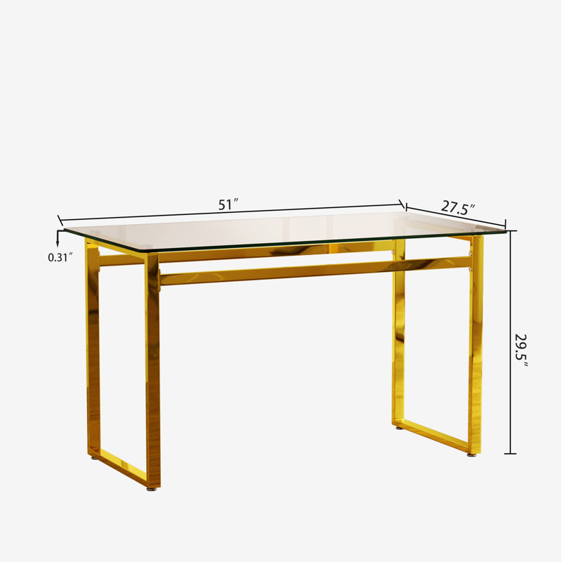 51" Modern Minimalist Rectangular Glass Dining Table for 4-6 with 0.31" Tempered Glass Tabletop and Golden Chrome Metal Legs, Writing Table Desk, for Kitchen Dining Living Room (0 damage)