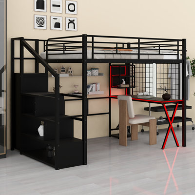 Modern Loft Bed with Built-in Desk, Wardrobe, Storage Staircase and LED