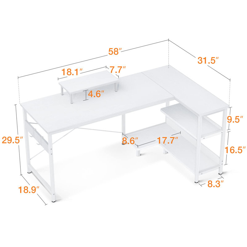 Bureau en forme de L, Blanc / blanc, H 29,5 po x l 40 po x P 18,9 po