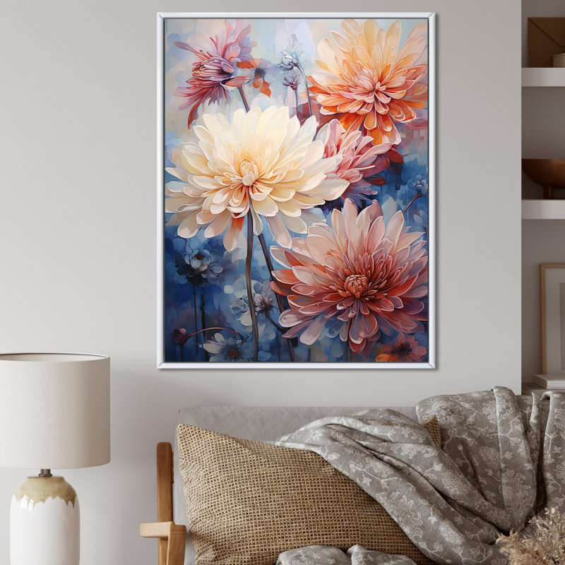 Minimalisme blanc et corail Chrysanthemums - Chrysanthemums Wall Art Living Room, H 20 po x l 12 po x P 1 po