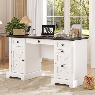 55" Farmhouse Executive Desk With Charging Station, Drawers & Storage Cabinet