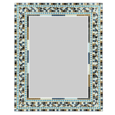 Zorigs Mosaic Mirror, Wall Art Décor – Handcrafted Decorative Wall Mirror in Light Brown and Navy Blue Mosaic 32” x 24” Rectangle - Hallway, Bedroom, Living Room