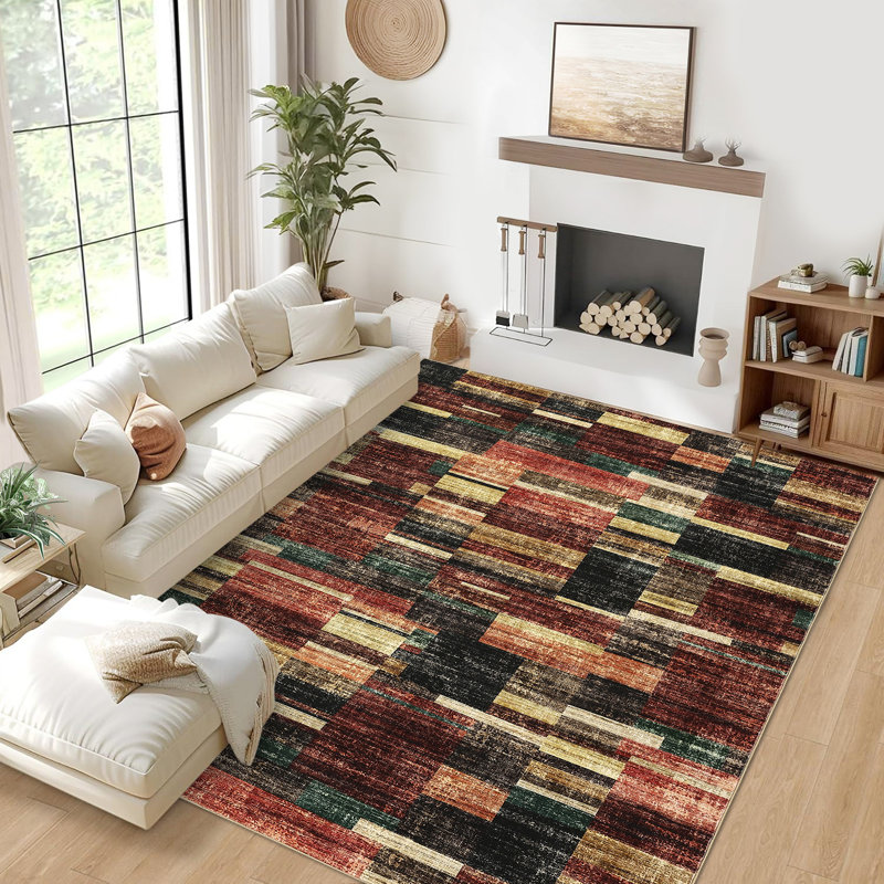 Tapis géométriques lavables pour la maison de bureau, Rouge, Rectangle 9' x 12'