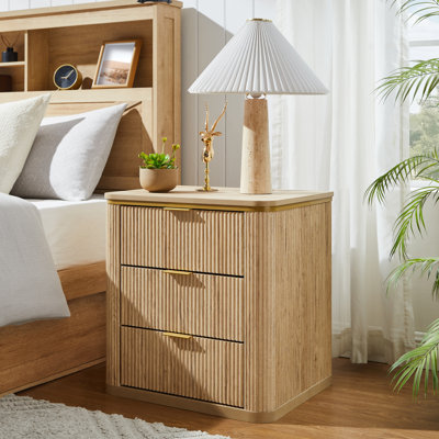 24" Fluted Nightstand With 3 Drawers, Mid Century Modern Wood Night Stand With Metal Handle