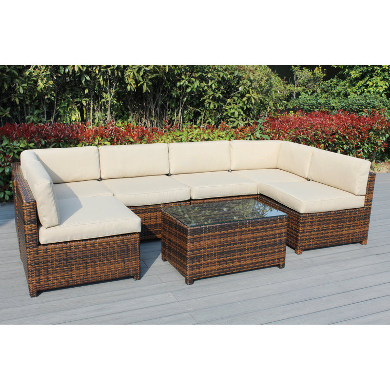 Brough 6 Person Outdoor Seating Group with Cushions - No Assembly, Beige, Black