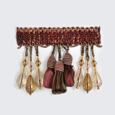 Beaded Tassel Fabric, Burgundy/Red/Yellow/Gold