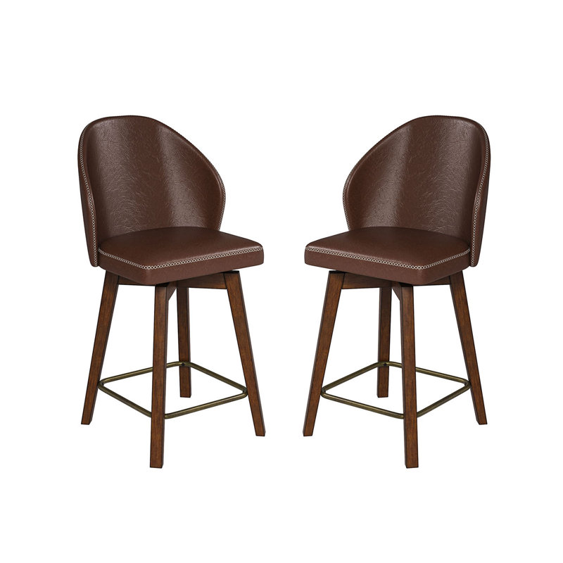 Tabouret pivotant en similicuir Markavious Mid-Century avec pieds en bois massif, Brun