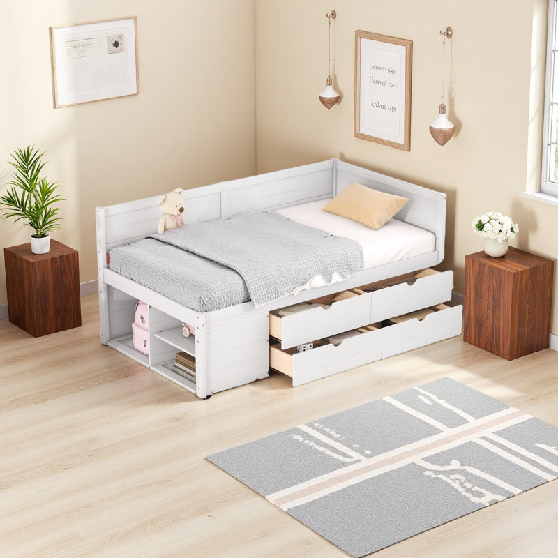 Lit de jour avec tiroirs et tablettes, Lit simple, Noyer