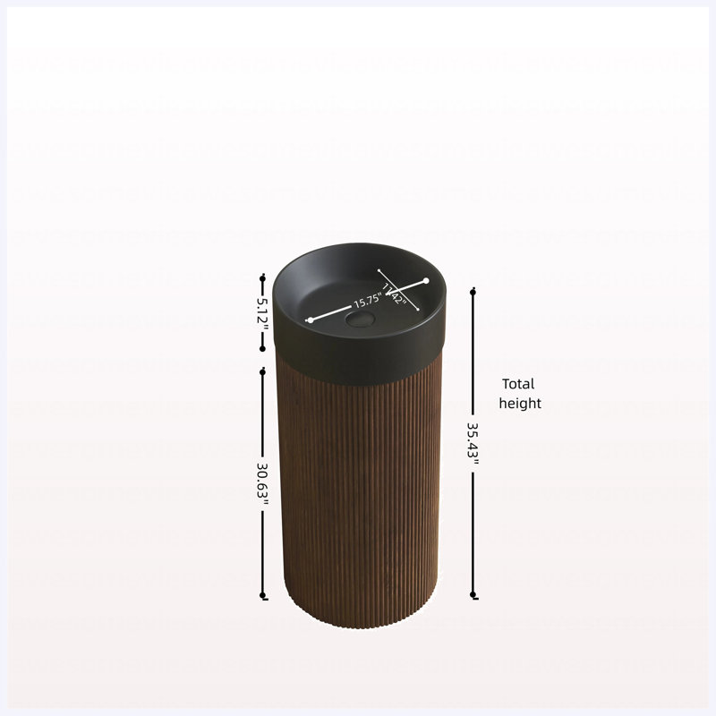 Meuble-lavabo autoportant 16 po à cuve cylindrique autoportante 16 po, meuble grain de bois noyer avec cuve à surface solide ronde noire (trou de robinet pré-percé), sans ensemble de bonde inclus