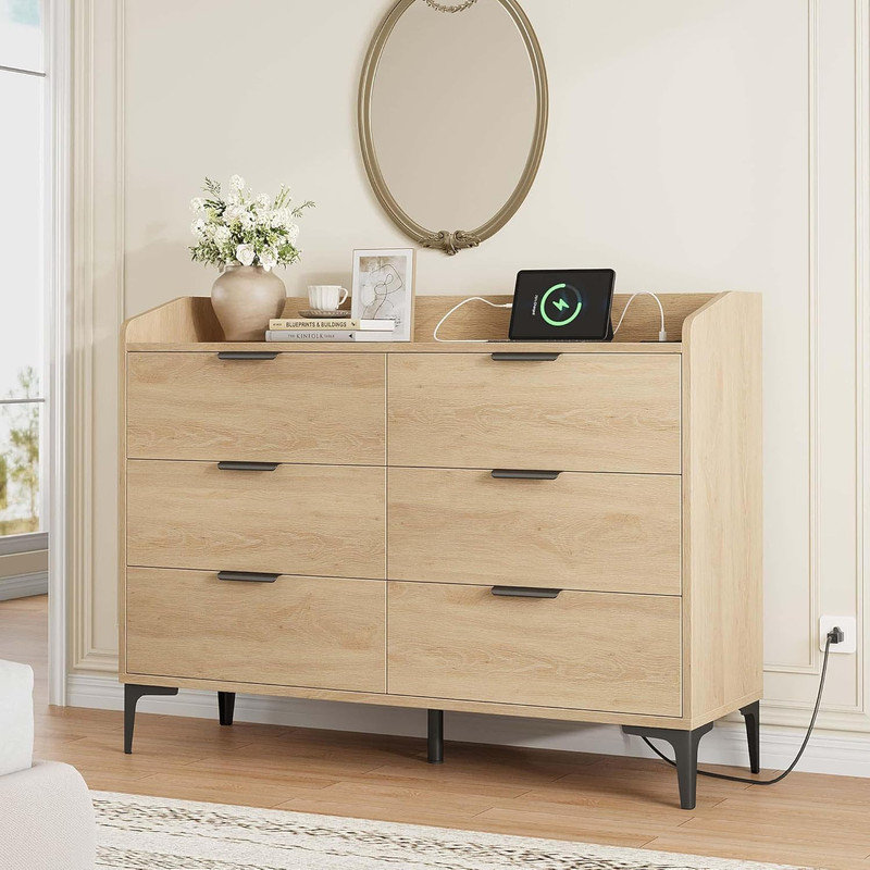 Commode 6 tiroirs 47 "avec prises de courant et ports USB, coffre de rangement en chêne naturel pour chambre