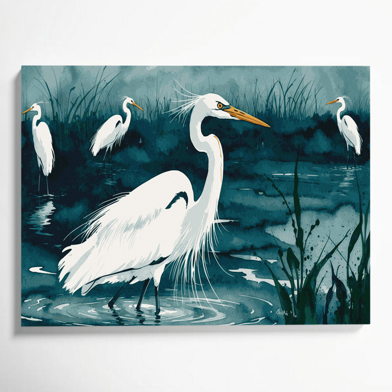 Oiseaux, grande aigrette, art mural sur toile bleue, H 20 po x l 30 po